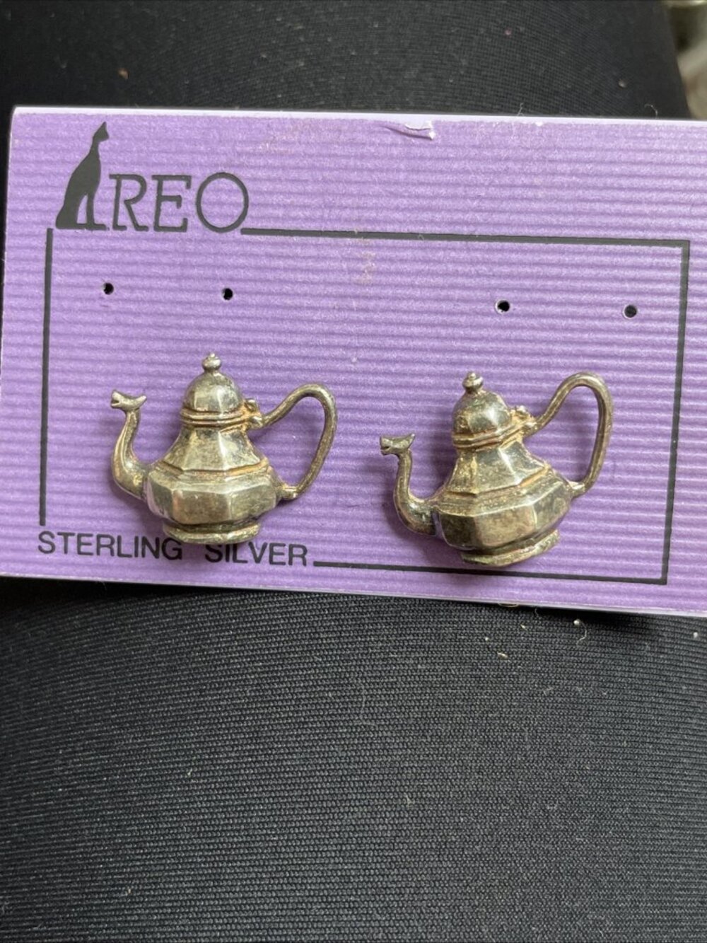 Vintage REO Sterling Silver Teapot Earrings Stud Pierced On Card RARE